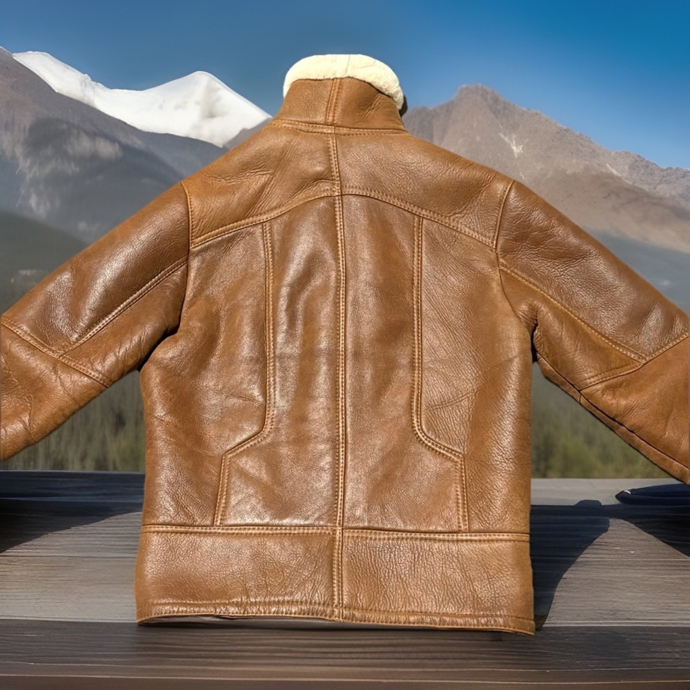 Shearling Lambskin B-3 Bomber Jacket Mens Size M Aviator Coat Brown Handmade NEW - Picture 11 of 16